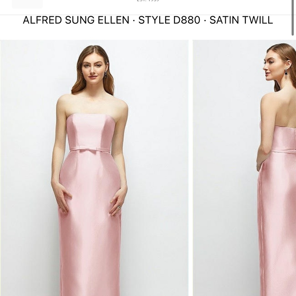 Alfred Sung strapless satin column dress with bow-trimmed skinny belt